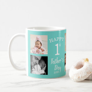Happy First Father's Day 8 Photo Collage Cyan Coffee Mug