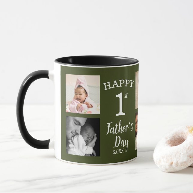 Happy First Father's Day 8 Photo Collage Green Mug (With Donut)