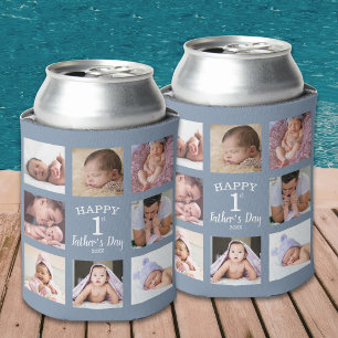 Happy First Father's Day 8 Photo Collage Grey Dad Can Cooler