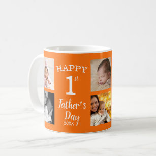 Happy First Father's Day 8 Photo Collage Orange Coffee Mug