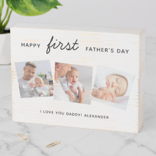 Happy First Father's Day Custom 3 Photo New Dad Wooden Box Sign