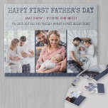 Happy First Fathers Day Custom Message and 3 Photo Jigsaw Puzzle<br><div class="desc">Custom photo puzzle to say "happy first father's day". The template is set up ready for you to add 3 of your favourite photos, name(s), custom message and you edit the occasion as well if you wish. The puzzle has a colour palette of deep blue, burgundy and grey. Vertical, portrait...</div>
