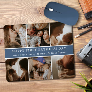 Happy First Father's Day Custom Photo Collage Blue Mouse Mat