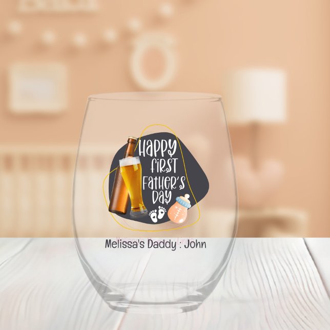 Happy First Father's Day Cute Playful Stemless Wine Glass (Creator Uploaded)