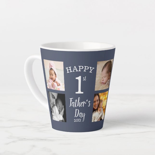 Happy First Father's Day Dad 8 Photo Collage Blue Latte Mug (Left Angle)