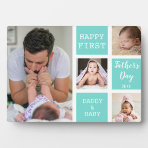 Happy First Father's Day Green 4 Photo Collage Plaque