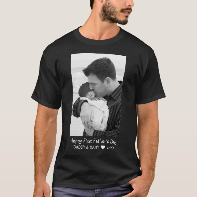 Happy First Father's Day New Dad Baby Photo Black T-Shirt (Front)