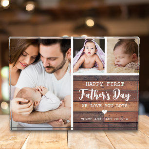 Happy First Father's Day New Dad Dark Wood 3 Photo Block