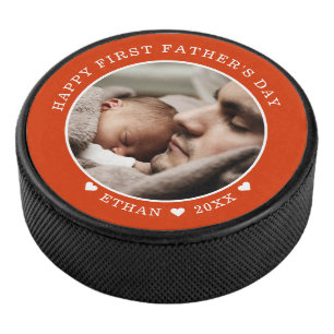 Happy First Father's Day Personalised Photo Red Hockey Puck