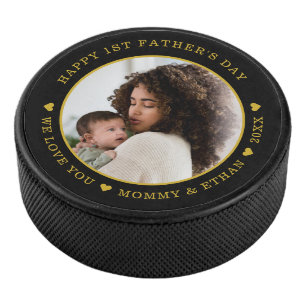 Happy First Father's Day Photo Black And Gold  Hockey Puck