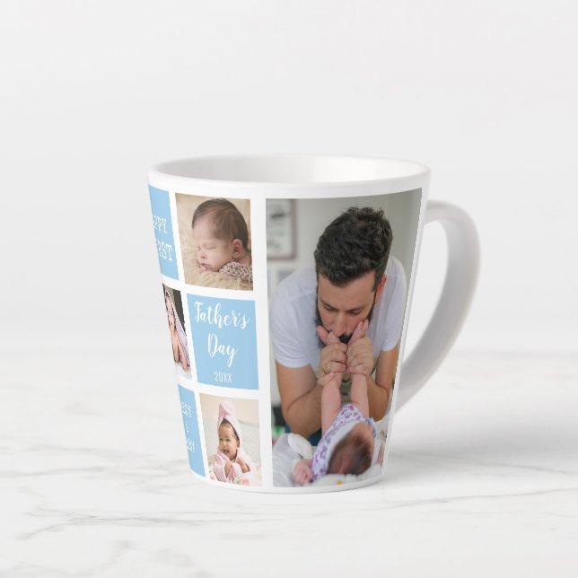 Happy First Father's Day Sky Blue 5 Photo Collage Latte Mug (Right Angle)