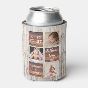 Happy First Father's Day Wood 4 Photo Collage   Can Cooler