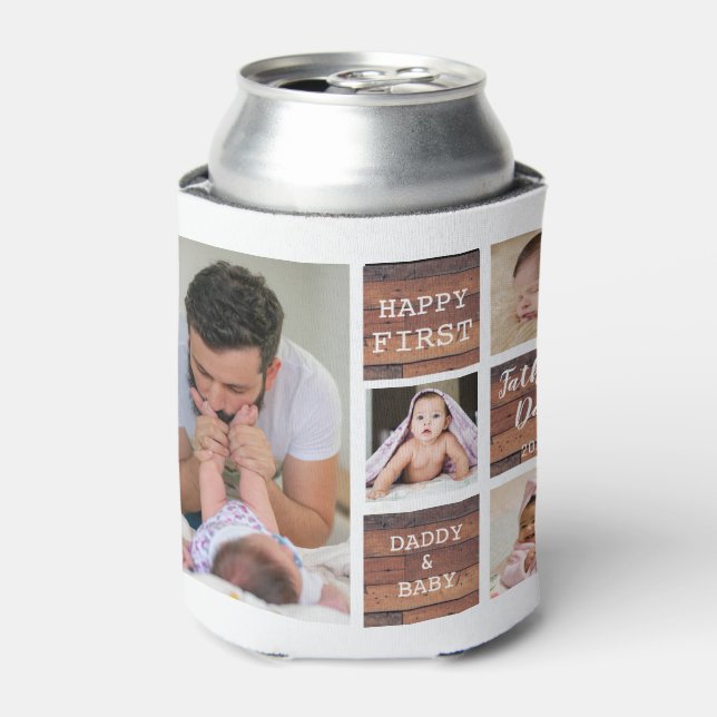 Happy First Father's Day Wood 4 Photo Collage Can Cooler (Can Front)