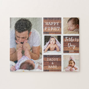 Happy First Father's Day Wood 4 Photo Collage   Jigsaw Puzzle