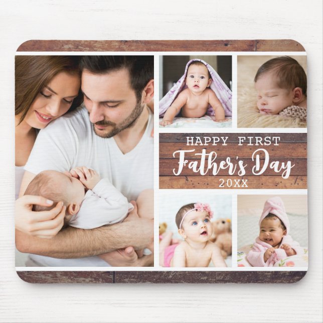 Happy First Father's Day Wood 5 Photo Collage   Mouse Mat (Front)