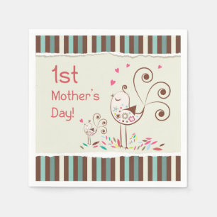 Happy First Mother’s Day, Cute Birds on Stripes Napkin