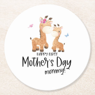 Happy First Mother’s Day 🦒 Giraffe + Butterflies Round Paper Coaster