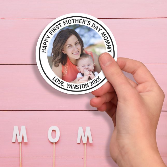 Happy First Mother’s Day Mummy Custom Photo & Text Classic Round Sticker (Creator Uploaded)