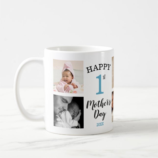 Happy First Mother's Day Blue 8 Photo Collage Coffee Mug (Left)