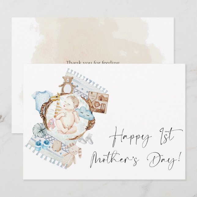 Happy First Mother's Day Floral Blue Boy Holiday Card (Front/Back)