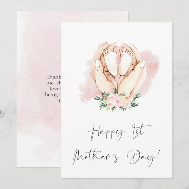 Happy First Mother's Day Floral Pink  Holiday Card (Front/Back)