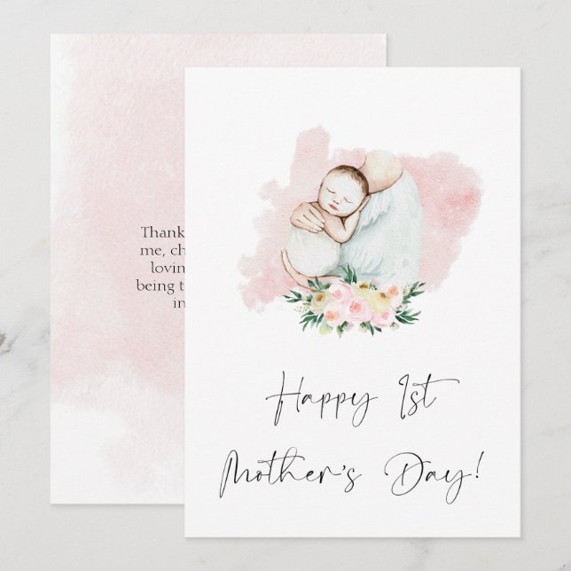 Happy First Mother's Day Floral Pink  Holiday Card (Front/Back)
