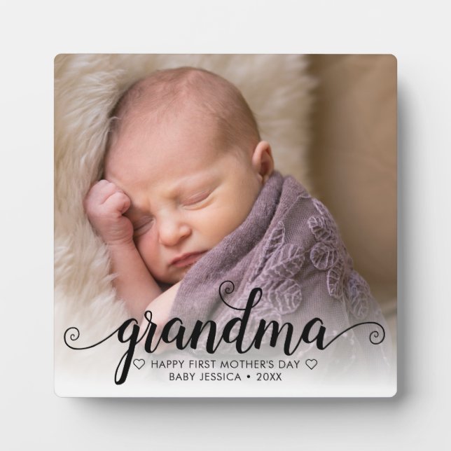 Happy First Mother's Day Grandma Chic Script Photo Plaque (Front)