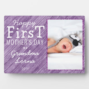 Happy First Mother's Day Grandma Photo Purple Wood Plaque