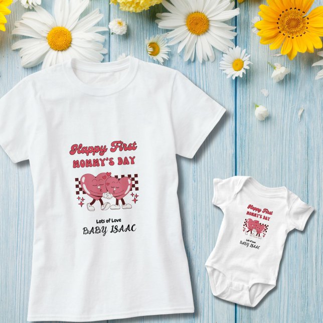 Happy First Mummy's Day with Heart and Baby Name T-Shirt (First Mommy's Day with our matching clothes for mommy and baby.  Baby's name is customizable.)