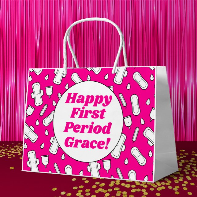 Happy First Period Party Hot Pink Cute Tampon Pad Large Gift Bag (Mockup of gift bag)
