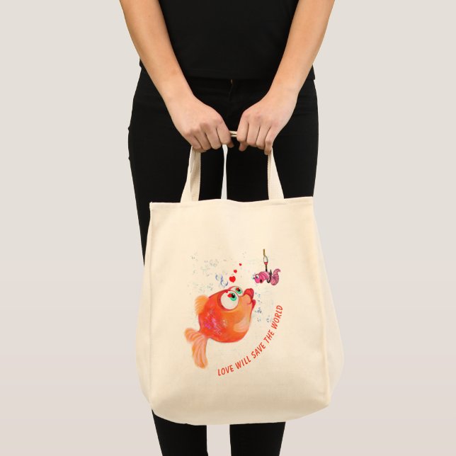 Happy Fish and Worm Funny Tote Bag - Custom Text (Front (Product))
