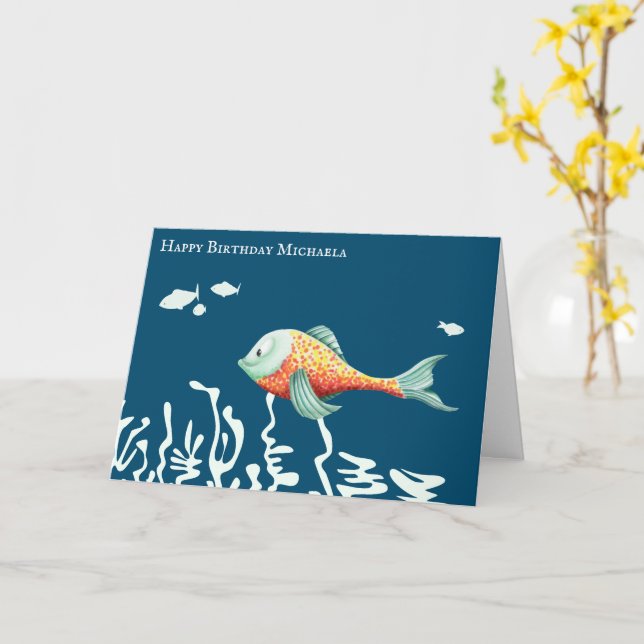 Happy Fish Cute Personalised Birthday Card (Yellow Flower)