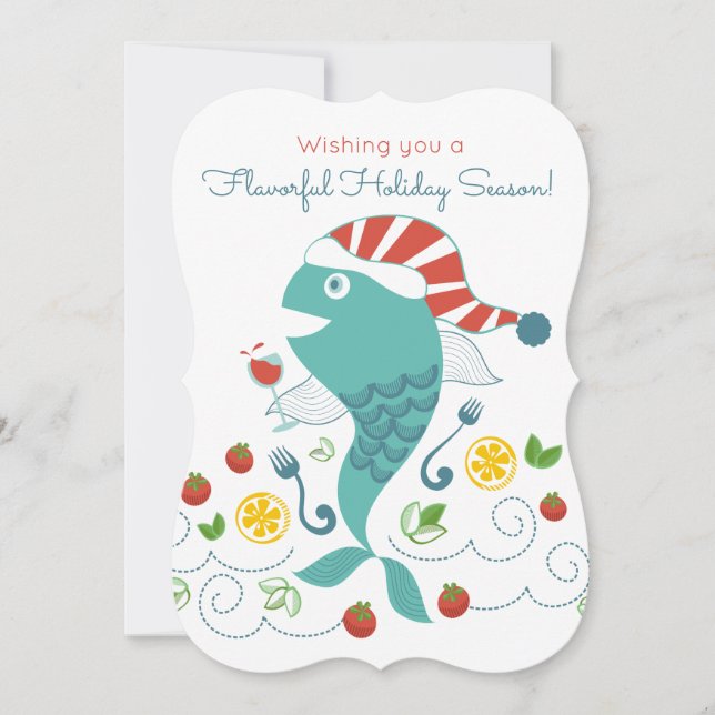 Happy fish wine chef restaurant catering Christmas Holiday Card (Front)