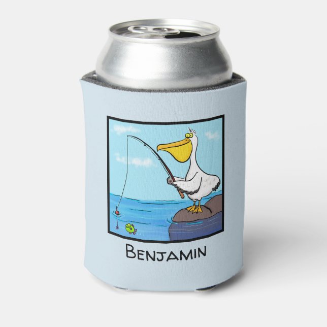 Happy fishing pelican cartoon can cooler (Can Back)