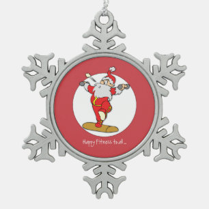 Happy Fitness Exercise Christmas with Santa Snowflake Pewter Christmas Ornament