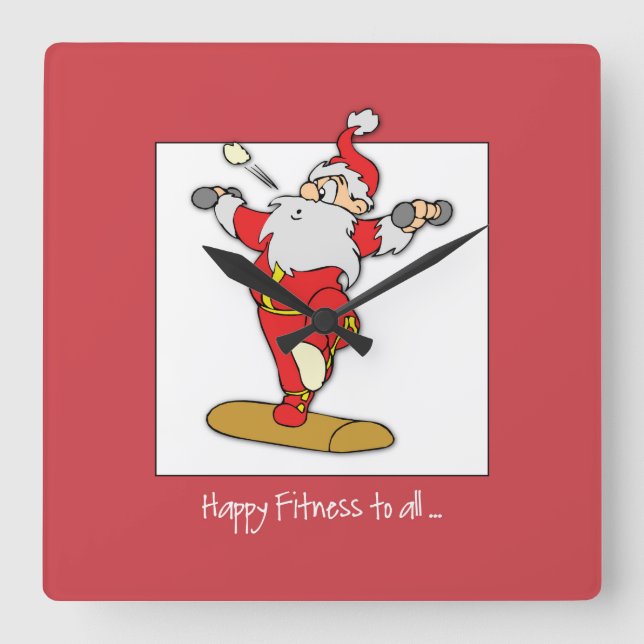 Happy Fitness Exercise Christmas with Santa Square Wall Clock (Front)