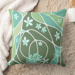 Happy Floral Neuro Art - Dusty Green White Cushion