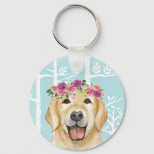 Happy Flower Animal in Blue Forest-Dog-Retriever Key Ring
