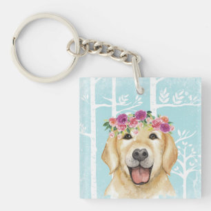 Happy Flower Animal in Blue Forest-Dog-Retriever Key Ring