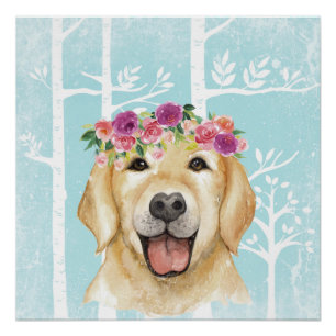 Happy Flower Animal in Blue Forest-Dog-Retriever Poster
