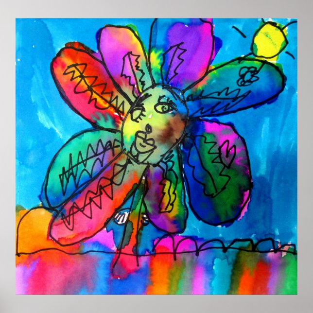 Happy flower kid's art pen and ink pink and blue poster (Front)