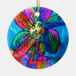 Happy Flower kid's art pink and blue pen and ink Ceramic Tree Decoration