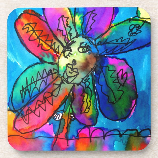 Happy Flower kid's art pink and blue pen and ink Coaster (Front)