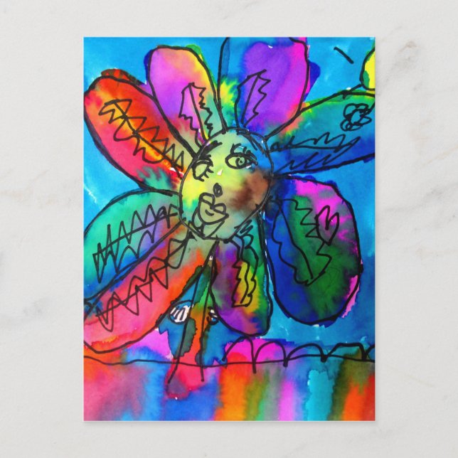 Happy Flower kid's art pink and blue pen and ink Postcard (Front)