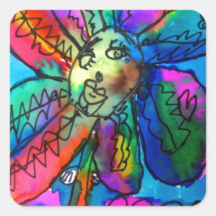 Happy Flower kid's art pink and blue pen and ink Square Sticker