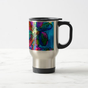 Happy Flower kid's art pink and blue pen and ink Travel Mug