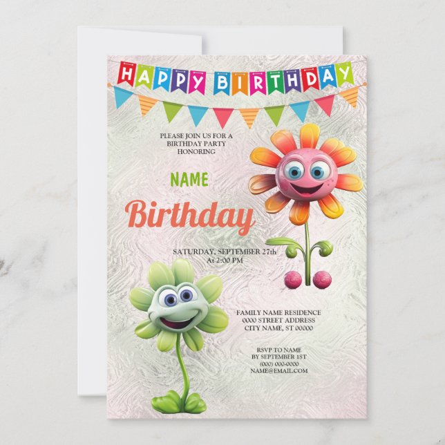 Happy Flowers Birthday Party Invitation (Front)