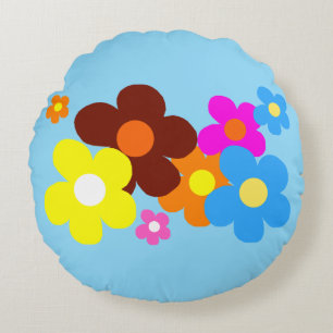 Happy Flowers Light Blue Sky Round Cushion
