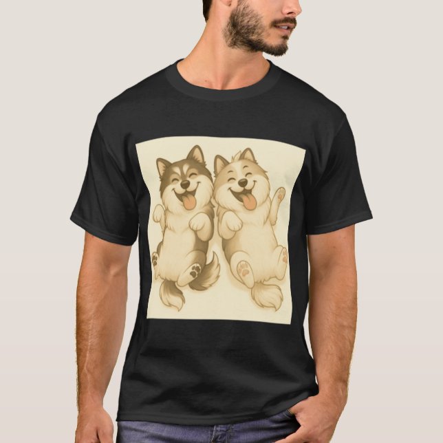 Happy Fluffy Duo Dogs Illustration LeviPippi vinta T-Shirt (Front)