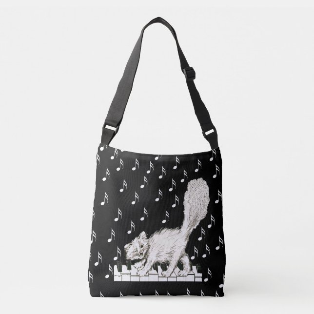 Happy Fluffy Tail White Cat Dancing on Piano Keys Crossbody Bag (Front)